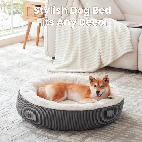 Image of 33 inches Donut Dog Bed for Medium Large Dogs,Calming Round Pet Bed with Removable & Washable Cover,Plush Faux Fur & Corduroy, Fits up to 50 lbs Pets(Dark Grey,M Plus)