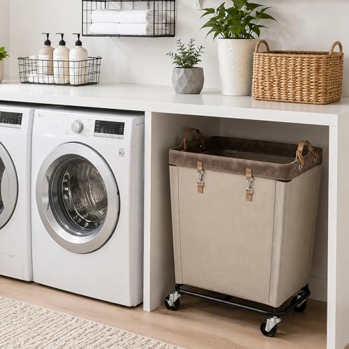 Image of StorageWorks Laundry Basket with Wheels for Clothes, 210L Tan Hamper Cart