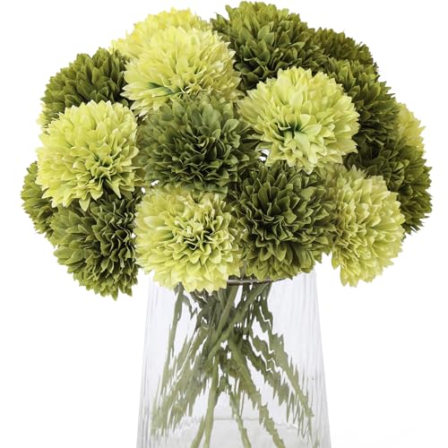 Kimura's Cabin 20Pcs Green Chrysanthemums Artificial Flowers Fake Silk Ball Flowers Mums Bouquets Arrangements Wedding Party Decor St Patricks Day Home Garden Table Centerpieces DIY Floral (Green)