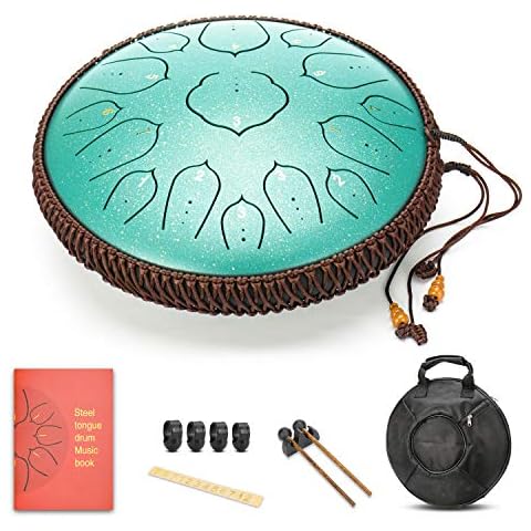 AMKOSKR 14 Inches 35cm Steel Tongue Drum D Key 15 Notes Percussion Instrument Hand Pan Drum with Drum Mallets/Carry Bag(Green) Cover