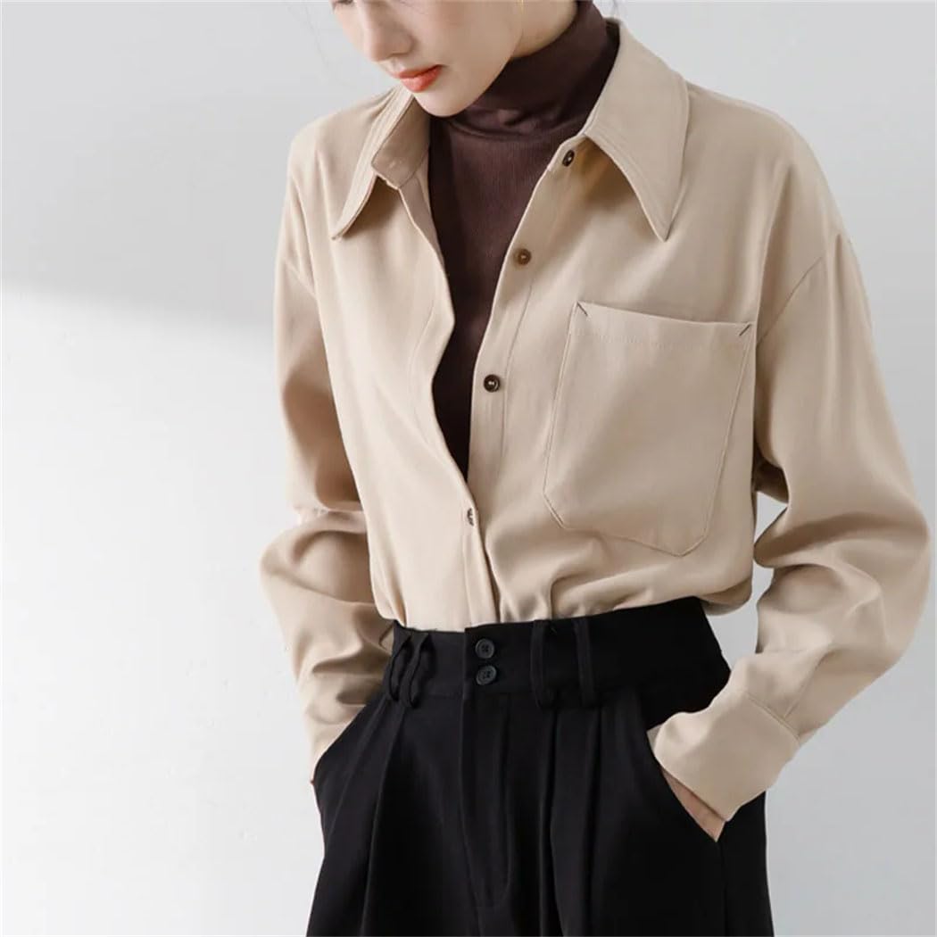 Camisa de manga larga para mujer, cuello vuelto, blusa con bolsillo, para oficina, informal, holgada