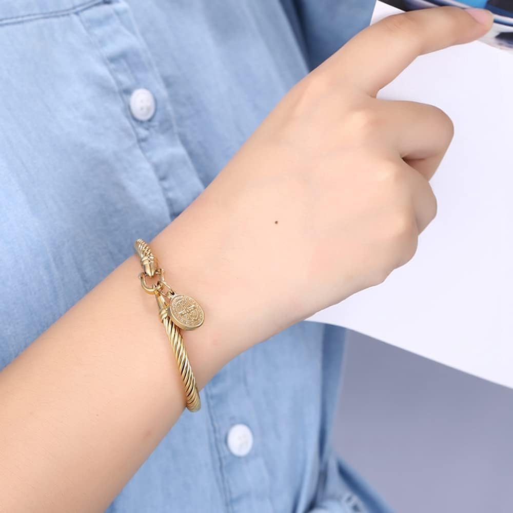 MORE FUN Stainless Steel Charm Pendant Twisted Cable Bangle Bracelet - Image 6