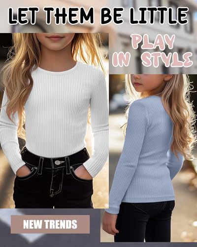 Image of 4 Pack Girls Long Sleeve Shirts Ribbed Knit Cotton Crewneck Tops Slim Fit Soft Casual Kids Base Layer Undershirts