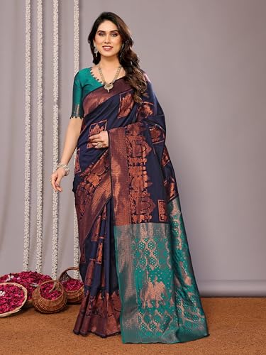 Image of Women's Printed Pattern Kanjivaram Soft Silk Saree with Unstitched Blouse Piece and Jacquard Weave Type