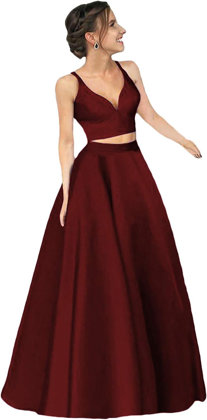Dymaisei Women's Two Piece Spaghettis Satin Prom Dresses Long Formal Party Dress US6 Burgundy