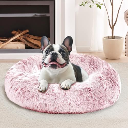 Image of JOLLYVOGUE Calming Dog Bed for Small Dogs - 23 inches Donut Washable Small Dog Bed for Kittens & Puppies, Anti-Slip Round Fluffy Plush Faux Fur Cat Beds (Fits up to 25 lbs Pets, Smoke Pink)