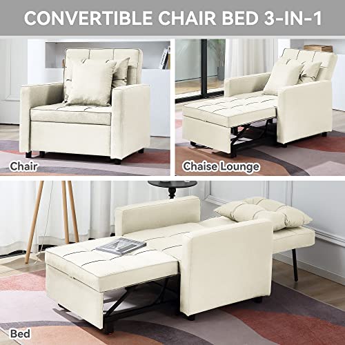 Bigsyy 3-In-1 Chair Bed, Folding Sofa Bed With Adjustable Backrest, Pull Out Sleeper Chair Bed, Multi-Functional Single Armchair,Modern Linen Fabric Chair Bed (Linen White) #TOP3