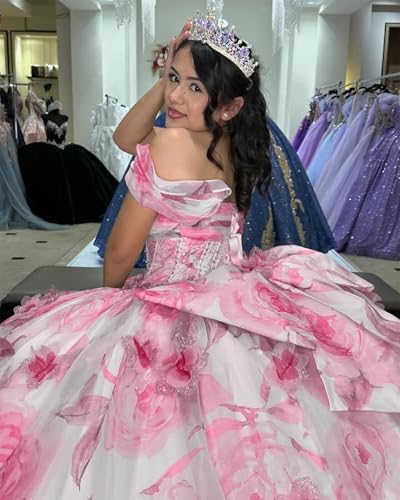 Zhangyo Off Shoulder Floral Print Quinceanera Dresses Chiffon Sweet 15 16 Dresses with Bow Sparkly Beaded Ball Gown4