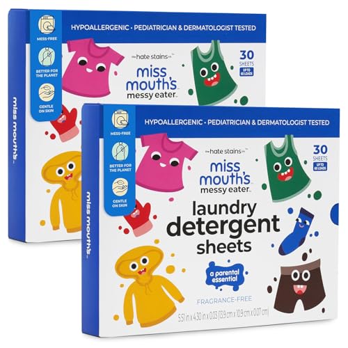 Image of Miss Mouth's Messy Eater Laundry Detergent Sheets - 120 Loads Travel Friendly Detergent Sheets - Hypoallergenic, Sensitive Skin Safe, Pediatrician and Dermatologist Tested, Fragrance Free