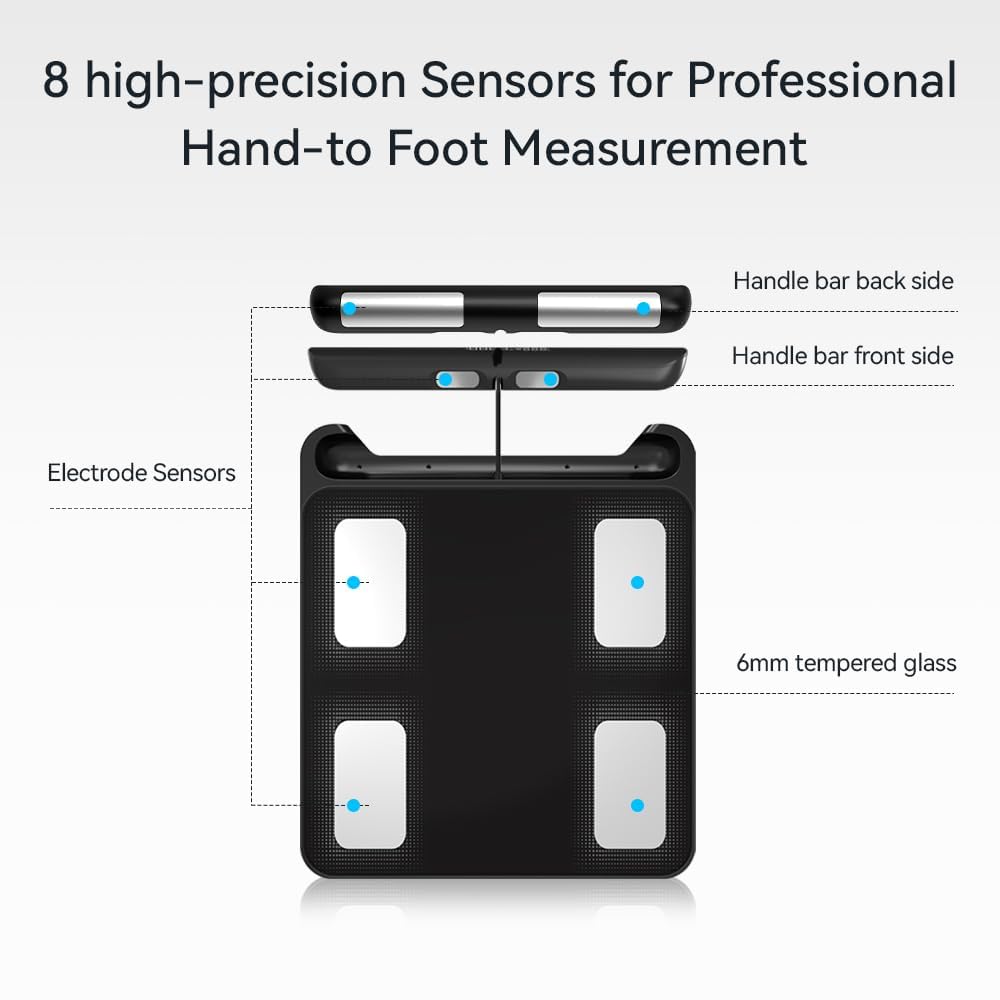 Balance Pèse Personne Connectée Impédancemètre Avec 8 Électrodes Haute Précision, 29 Données Corporelle Écran sur la Poignée Avec APP pour Andriod et iOS, Max. 180kg/400lb/28st, 30 * 35CM