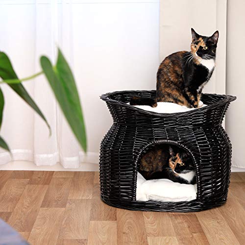 lionto Weidenkorb für Katzen und kleine Hunde mit 2 weichen Liegekissen, 55x39x43 cm, gemütlicher Katzenkorb aus umweltfreundlichem Weidenholz, Moderne Katzenhöhle mit weißen Kuschelkissen, schwarz