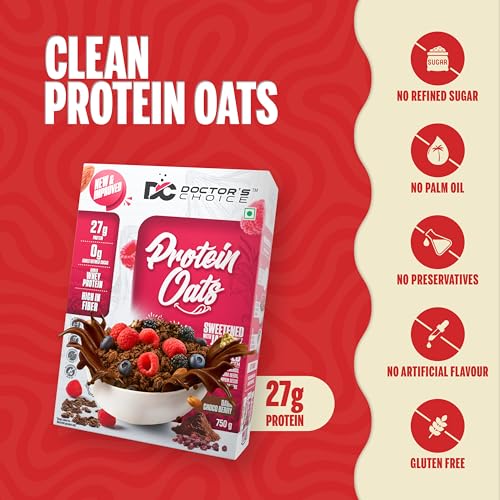 Image of Doctors Choice High Protein Oats 750g | 27g Protein Oatmeal | Dark Choco Berry Flavor | No Added Sugar | Gluten Free | High Fiber Healthy Breakfast Oats (Pack of 2)