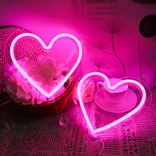 Image of SYLHOME 2 Pack Heart Led Neon Light Sign Battery /USB Powered Wall Decor | Pink & Pink Bedroom Wedding Anniversary Backdrop Wall Neon Light Sign Decor Valentines Day Birthday Sign Gift, 7.87 inchX7.28 inch