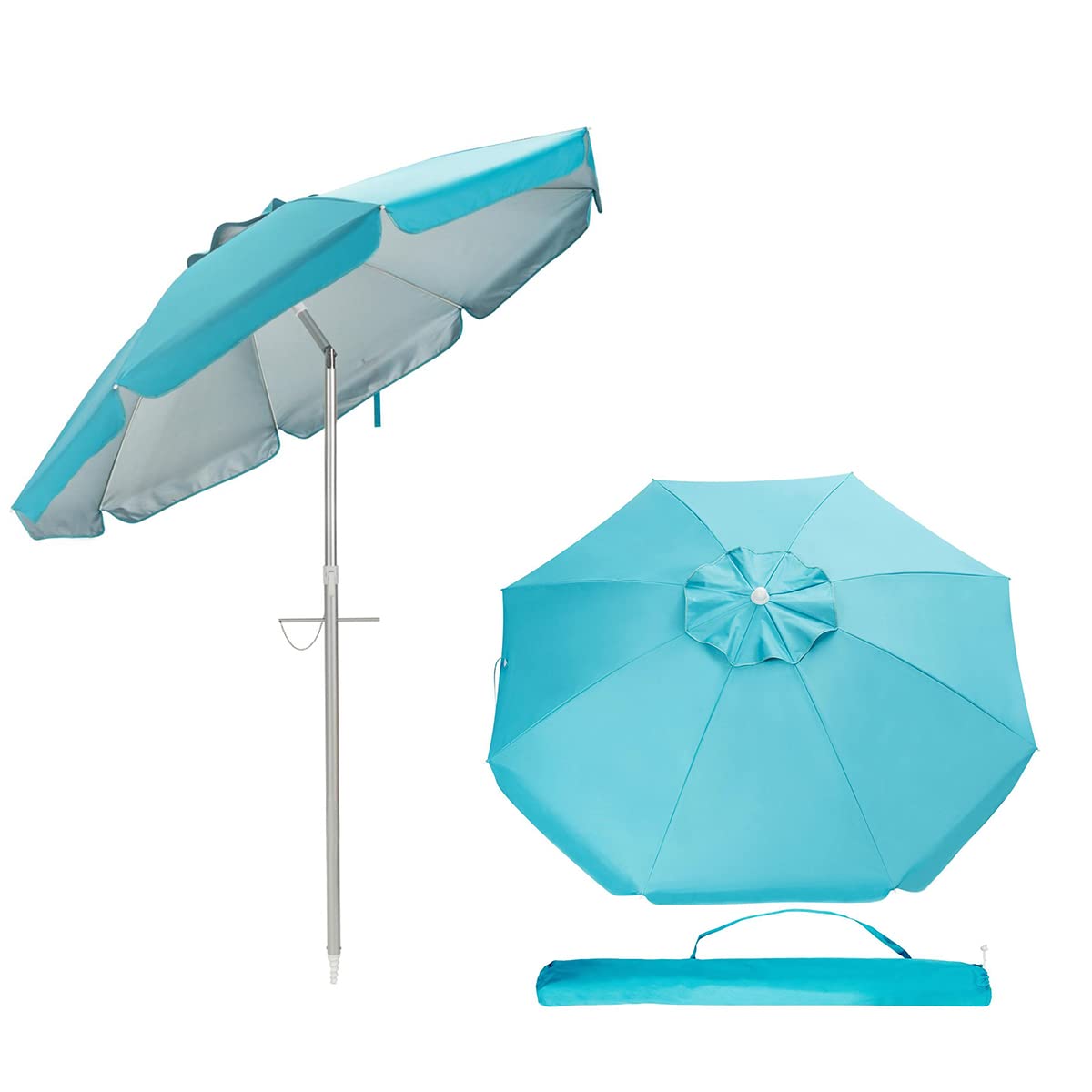 RELAX4LIFE Sombrilla de Playa Inclinable Φ198cm con Protección Solar UPF 50+ y Bolsa de Transporte, Sombrilla de Aluminio con Montaje en Suelo para Jardín, Terraza y Playa