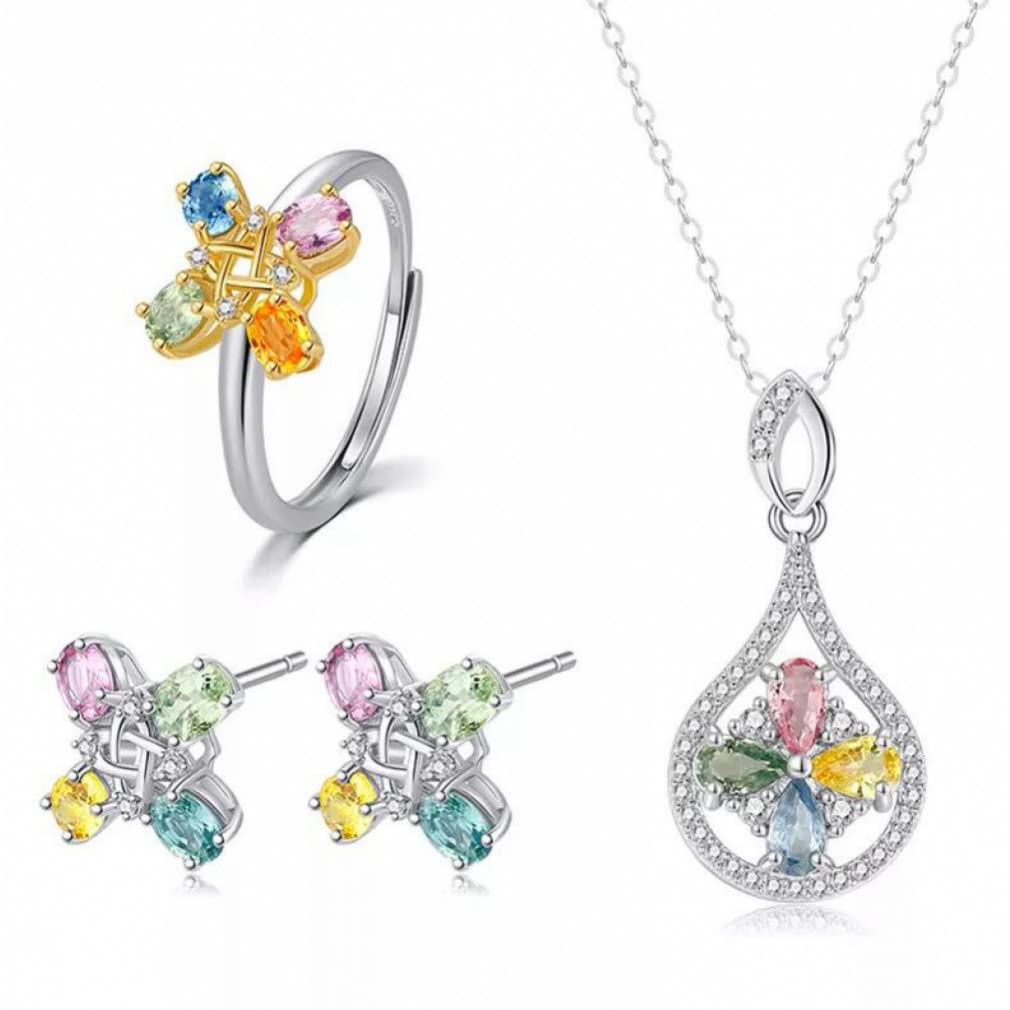 ZHUDJ Zafiro 925 Collar de Plata esterlina Anillos Pendientes Mujeres Piedra de Cristal Piedras Preciosas S925 Conjunto de joyería Fina
