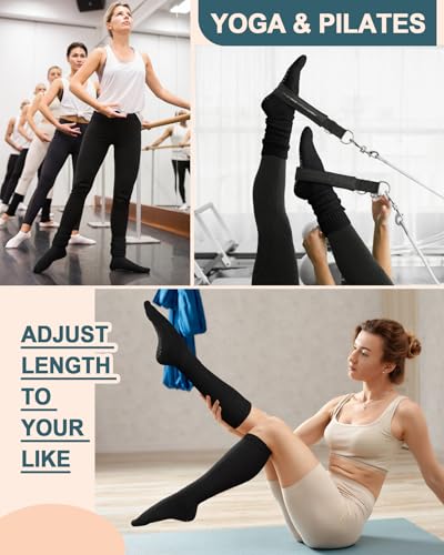 Image of yeuG Pilates Grip Socks for Women Yoga Slouch Socks with Grip for Barre Knee High Boot Socks Long Scrunch Black Socks