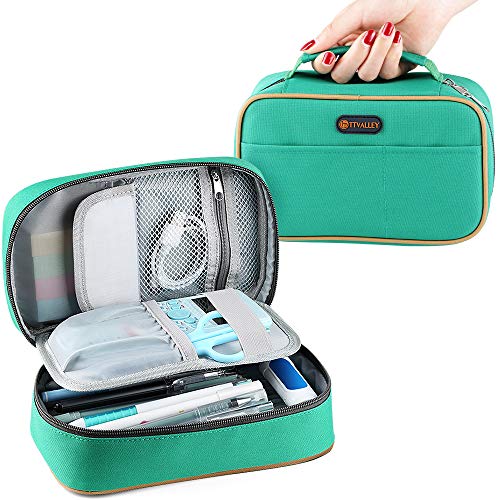 Preisvergleich Produktbild TTVALLEY Federmäppchen, großes Fassungsvermögen, Aufbewahrungstasche, Make-up-Tasche, langlebig, für Studenten, Schreibwaren mit Doppelreißverschluss grün