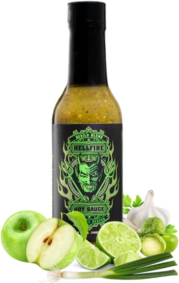 Hellfire Hot Sauce Devil’s Blend - Fire-Roasted Carolina Reaper Salsa Verde Gourmet Hot Sauce, Featured on Hot Ones TV Show, 5 oz.