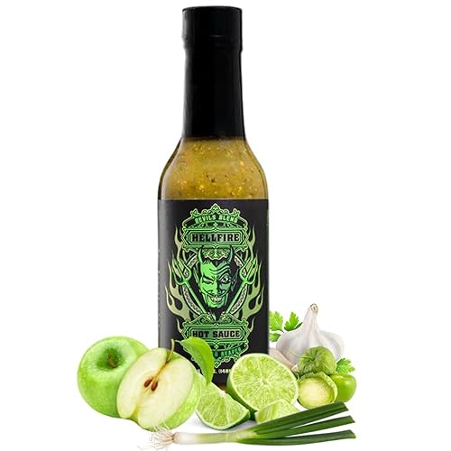 Hellfire Hot Sauce Devil's Blend - Salsa verde gourmet de Carolina Reaper tostada al fuego, presentada en el programa de televisión Hot Ones, 5 onzas