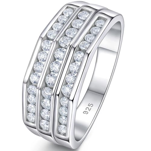 D Color VVS1 Moissanite Mens Wedding Band 925 Sterling Silver Triple Row Round Cut Weddin Rings for Men Statement Size 9-12