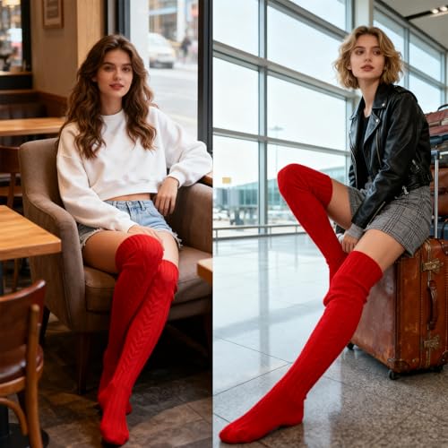 Image of YELAIVP Women's Cable Knitted Thigh High Boot Socks Extra Long Winter Stockings Over Knee Leg Warmers