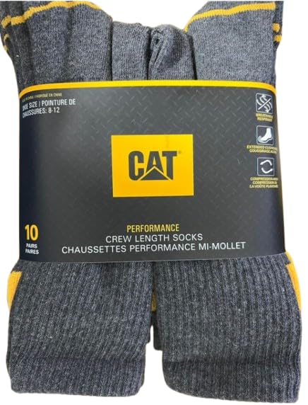 CATERPILLAR (CAT) - Performance Crew Length Socks - 8 to 12 Shoe Size -10 Pack, Greay, 10-12