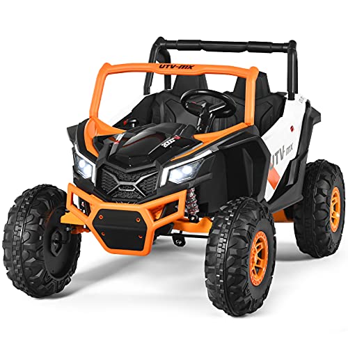 Costzon 2-Seater Ride on Truck, 12V Battery Powered UTV w Remote Control, 3 Speeds, LED Light, Horn, Music, MP3 USB TF, Storage Box, 4 Wheeler Spring Suspension, Electric Vehicle for Kids (Orange)