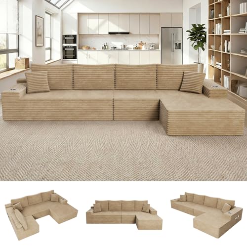 Image of 138 inch Cloud Sectional Couch with L Shape Chaise, Frameless Corduroy Sofa, Higher 17.7 inch Seat Height, 32D Pure Foam, Built in Cup Holders, No Assembly Required (Camel, Right Facing Chaise)