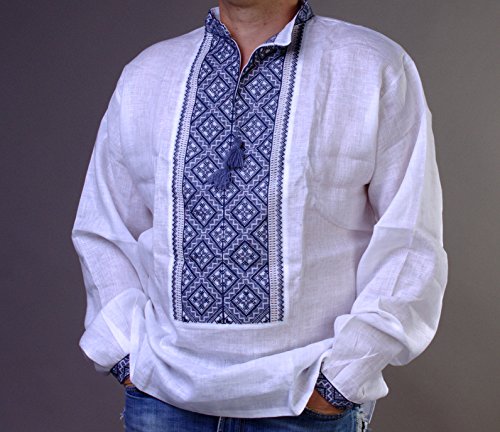 Rushnichok Vyshyvanka Men Shirt Ukraine Handmade White Linen Gray Embroidered Ukrainian Gift3