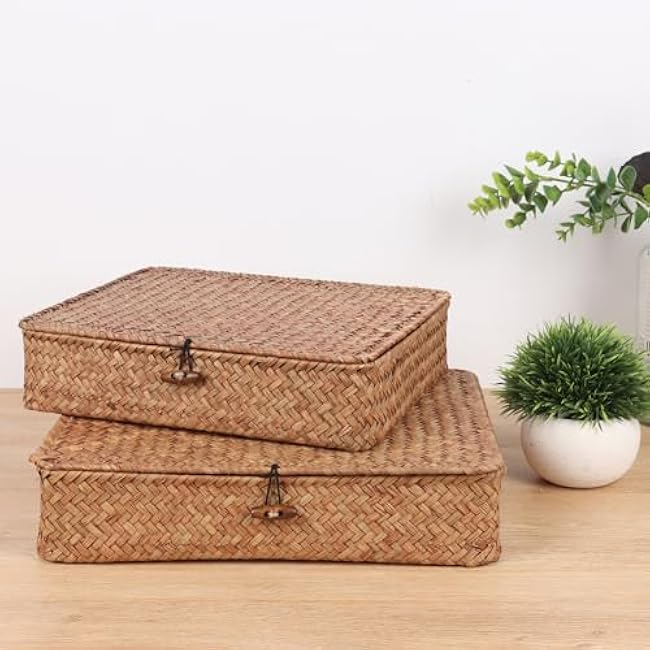 Flat Wicker Shelf Baskets with Lid, Handwoven Seagrass Basket Boxes for Storage Baskets Bins Home Decor Organizer (Coffee Set of 2)