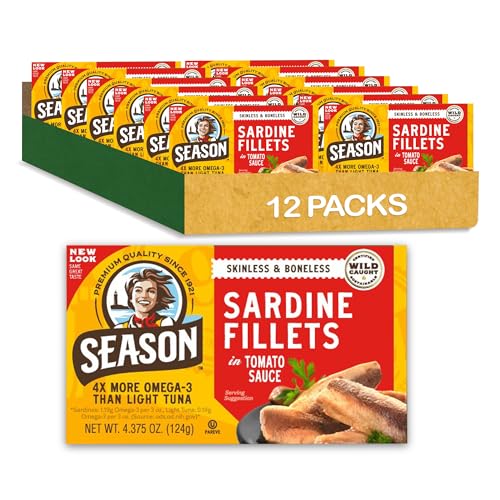 Season Sardines in Tomato Sauce - Skinless & Boneless, Wild Caught, 22g of Protein, Keto Snacks, More Omega 3's Than Tuna, Kosher, High in Calcium, Canned Sardines - 4.37 Oz Tins, 12-Pack