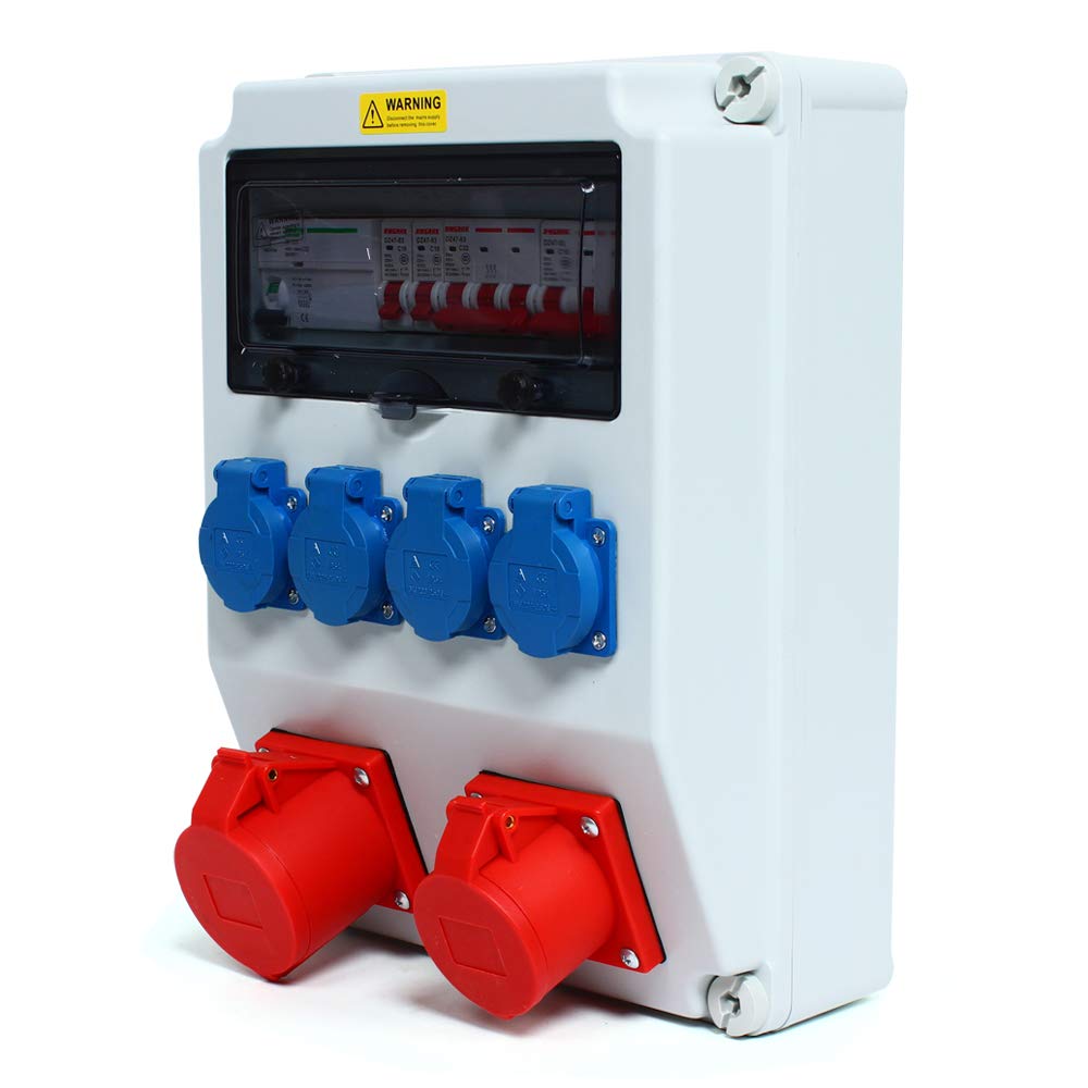 Distribuidor de corriente para edificios, distribuidor de pared, interruptor eléctrico, caja de distribución de enchufes para obras de construcción, incluye 4 enchufes Schuco 2P + E de 16 A, enchufes