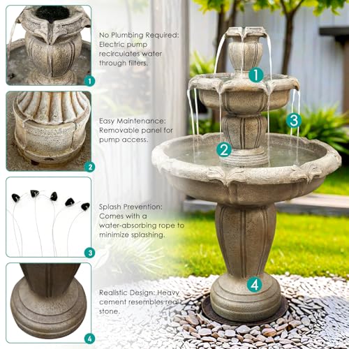 Image of SunJet 48 inch High Modern Concrete Outdoor Water Fountain - 3 Tiered Large Floor Water Fountain and Waterfalls with Electric Pump for Garden, Patio, Yard, and Deck Decor, Featuring Natural Stone Look