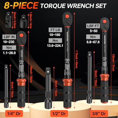 Image of Upgraded Torque Wrench Set 8PCS, 1 /4 3 /8 1 /2 inch Drive Click Torque Wrench, 10-230in.lb, 5-50ft.lb, 10-180ft.lb, 72-Tooth Dual Scale, ±3% Accuracy, 5 Adapters, for Bike, Moto, Car Repair and Maint