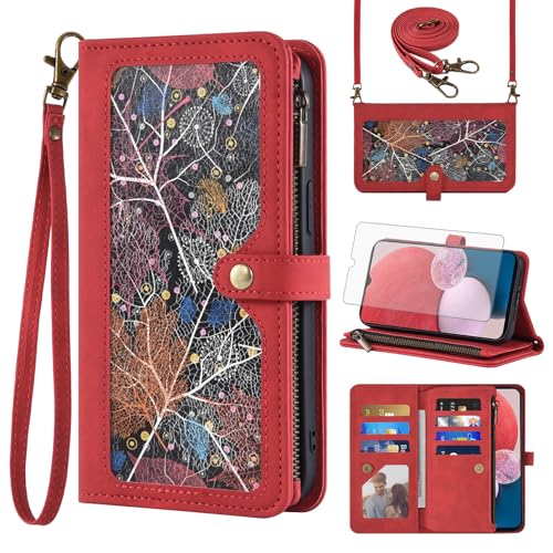 Coque Samsung Galaxy A13 5G / A04S rouge avec portefeuille en cuir et verre trempé