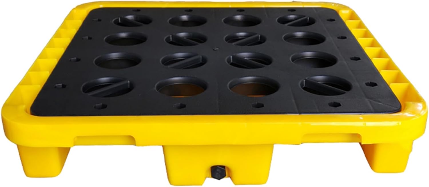 Yellow & Black Oil Spill Containment Tray, Leakproof Polyethylene Spill Pallet, Modular Platform with Flat Grating for Oil Drums, 72x72x16CM, Ideal for Warehouses & Factories