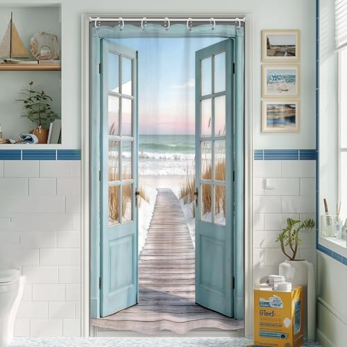 Image of Riyidecor Small Stall Blue Beach Shower Curtain 36Wx72H Inch Ocean Teal Barn Door Rustic Coastal Seaside Scenery Wood Hawaii Summer Beachy Path Bathroom Decor Fabric Polyester Waterproof 7 Pack Hooks