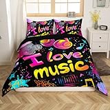 Feelyou Music Note Duvet Cover Set Queen Size Rock Music Theme Comforter Cover Boys Girls Headphones Radio Bedding Set Luxury Polyester Quilt Cover 2 Pillowcases Colorful