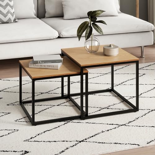 Home Collective Couchtisch 2er Set quadratisch aus Holz, Wohnzimmertisch Modern, Beistelltisch Set 2 in 1 mit Metallgestell für Wohnzimmer Büro Beistelltisch Loft Design Twin | Eiche hell