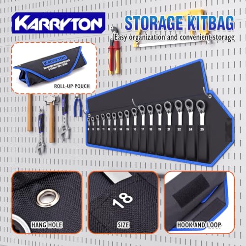 Image of 16-piece Reversible Ratcheting Wrench Set Metric 8-25mm, 72 Teeth Ratchet Combination Wrenches Set with Rolling Bag, Cr-V Steel, Chrome Plating Handle with Blackened Ratchet