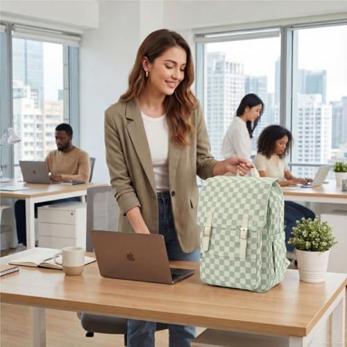 Image of Women Laptop Backpack, Corduroy 15.6 inch Travel Backpack for Work College Business, Teacher Nurse Bag with Large Capacity School Bookbag Bags for Girls - Checkered Matcha Green