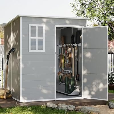UDPATIO Outdoor Storage Shed 6 x 6 FT, Resin Garden Sheds Plastic Patio Outdoor Storage with Lockable Door for Tool, Bike, Garbage Can Gray White