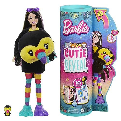 Barbie Cutie Reveal Série Amigos da selva Tucano disfarce revela uma boneca articulada com animal de estimação e acessórios surpresa na moda, brinquedo + 3 anos (Mattel HKR00)