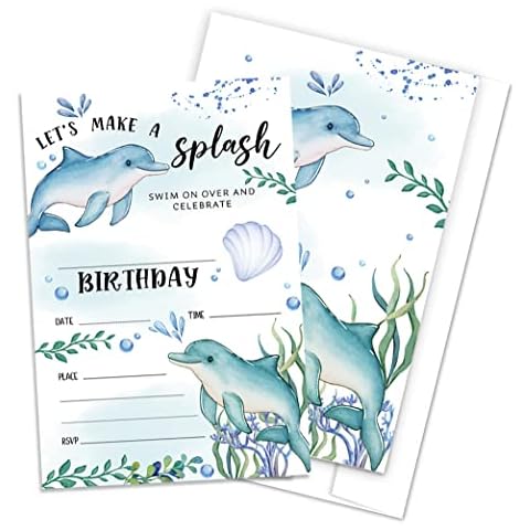 QOFO Dolphin Birthday Party Invitations-Set of 20 With Envelopes,Ocean World Party Theme,For Birthdays & Summer Beach Parties,Party Decorations And Supplies-YQC01 Cover