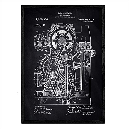 Nacnic patent Poster printing press 2. Print with old design patent in A3 size with black background, 42L x 29.7W cm