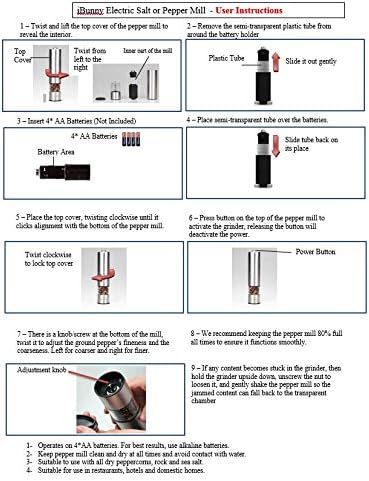 iBunny Premium Stainless Steel Electric Pepper Grinder or Salt Grinder Mill, Battery Operated with Light and Adjustable Ceramic Grinder