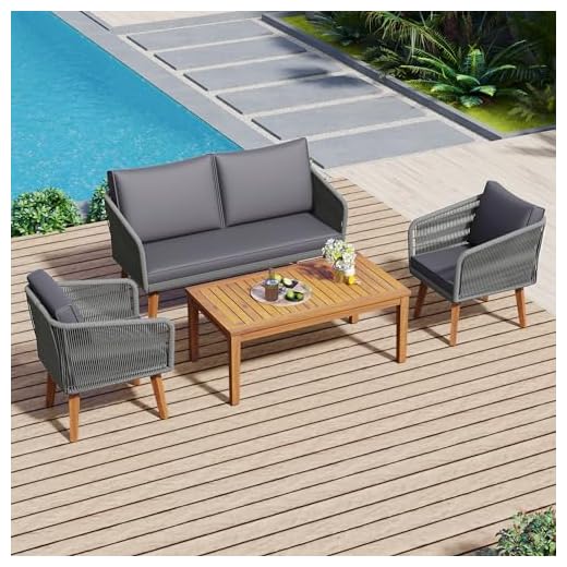 Livavege Furniture 4-Piece Outdoor Patio Conversation Seating for 5 Person and Coffee Table, Rattan Chair Wicker Sofa Bistro Sets for Porch, Backyard and Garden, Brown
