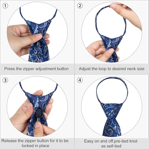 Image of DiBanGu Mens Zipper Ties Silk Adjustable Necktie Pocket Square