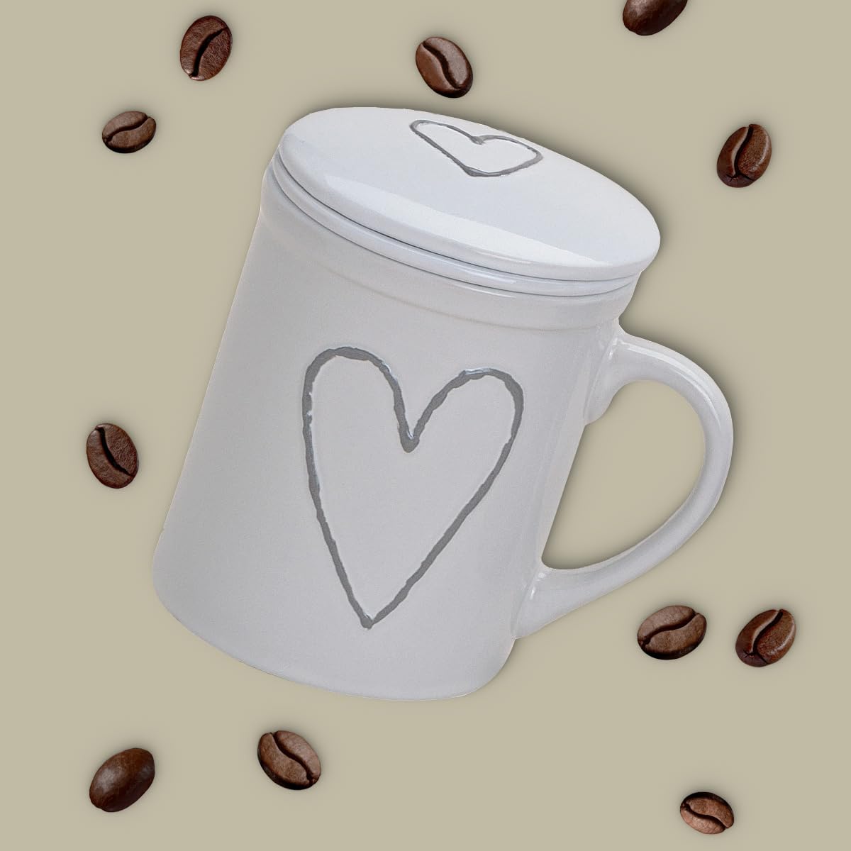 Teetassen 36er Set mit Teesieb in weiß beige grau mit Herzen - Porzellan Tassenset mit Deckel und Sieb für 300ml - Tassen mit Henkel spülmaschinenfest und mikrowellengeeignet als Geschenk