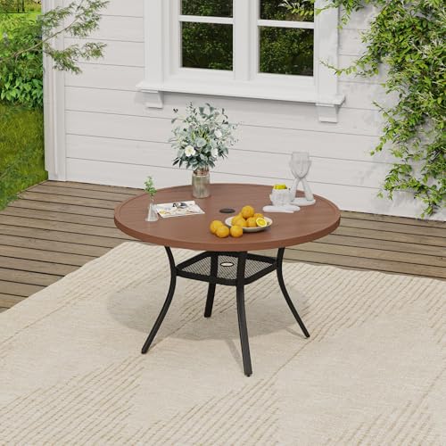 Image of VICLLAX 40.6 inch Round Patio Table, Outdoor Dining Table for 4 with Umbrella Hole for Garden Lawn Deck Backyard, Walnut